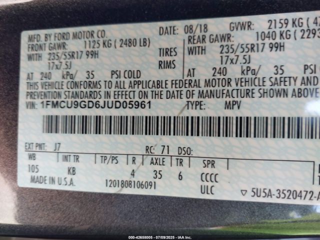 2018 FORD ESCAPE 1FMCU9GD6JUD05961 Photo 8