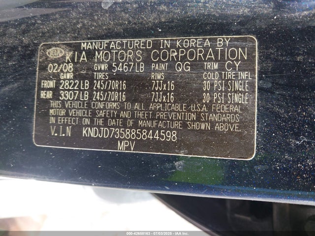 42658163 :رقم المزاد ، KNDJD735885844598 vin ، 2008 Kia Sorento Lx مزاد بيع