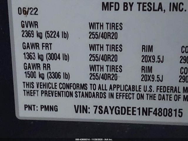 2022 TESLA MODEL Y 7SAYGDEE1NF480815 Photo 8