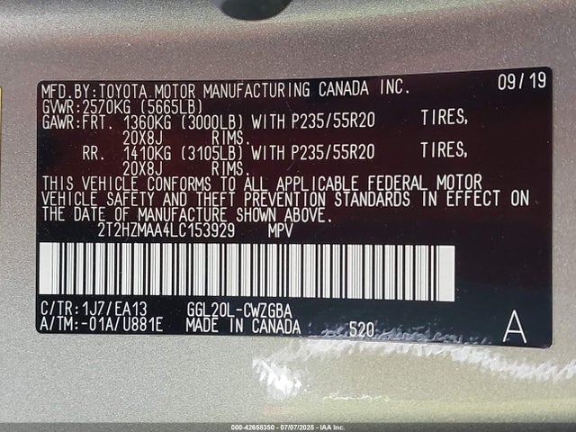 Lexus 2gr-fxs 2020 2T2HZMAA4LC153929 Image 9