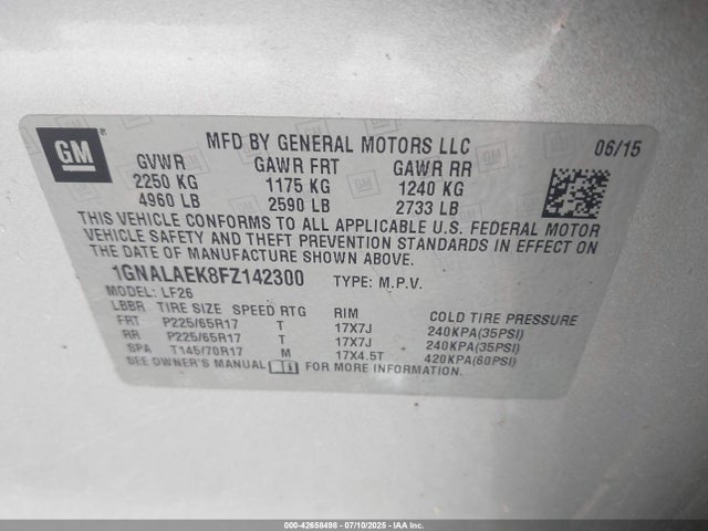 1GNALAEK8FZ142300 Chevrolet lea - flex fuel (gas/alc), aluminum, ho,