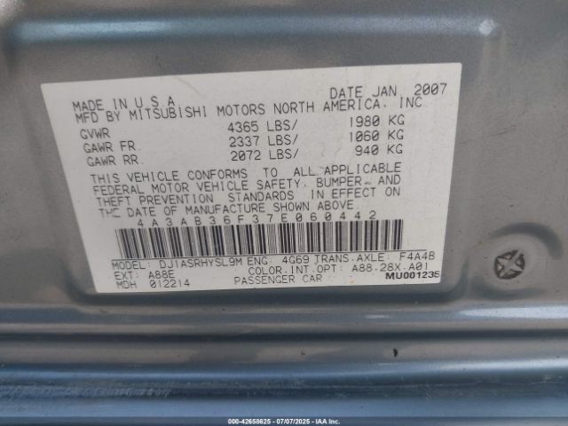2007 MITSUBISHI GALANT 4A3AB36F37E060442 Photo 8