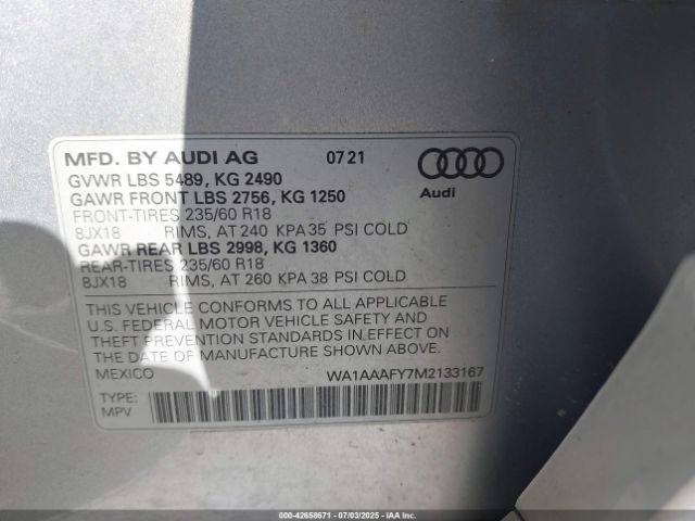 2021 AUDI Q5 WA1AAAFY7M2133167 Photo 8