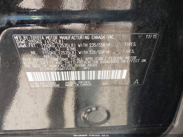 2T3YFREV0GW235935 Toyota 2ar-fe