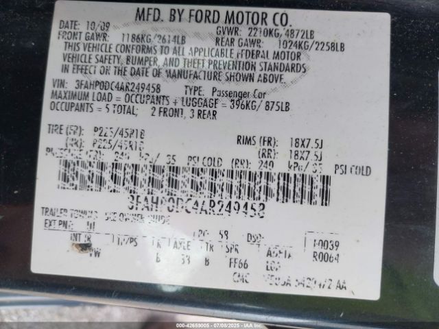 2010 FORD FUSION 3FAHP0DC4AR249458 Photo 8