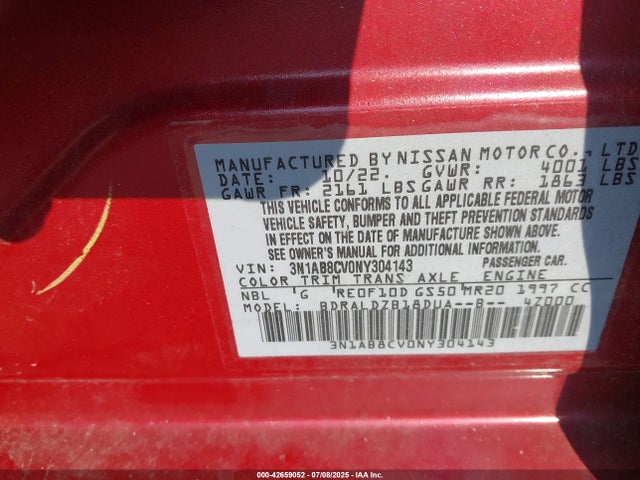 3N1AB8CV0NY304143 Nissan Sentra