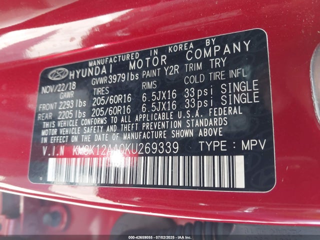 KM8K12AA0KU269339 Hyundai mpi nu