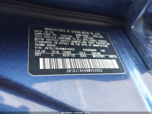 JN1BJ1AV6NW343053 Nissan 2022