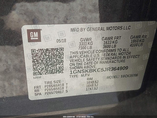 1GNSKBKC5JR364909 Chevrolet l83 - spark ignited direct injection, variable valve timing, afm, e85 max, alum