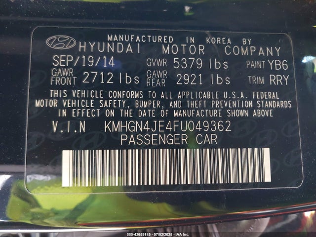 KMHGN4JE4FU049362 Hyundai gasoline 3.8 dohc mpi lambda