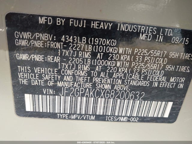 Subaru naturally aspirated 2016 JF2GPAKCXG8200632 Image 9