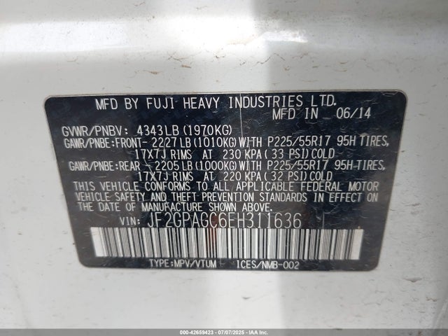 Subaru 2.0l na 2014 JF2GPAGC6EH311636 Image 9