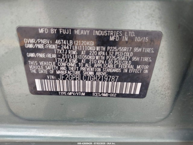 JF2GPBLC7GH219787 Subaru 2.0l naturally aspirated hev