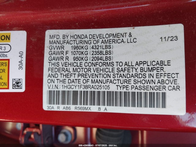 1HGCY1F38RA025105 Honda ACCORD EX