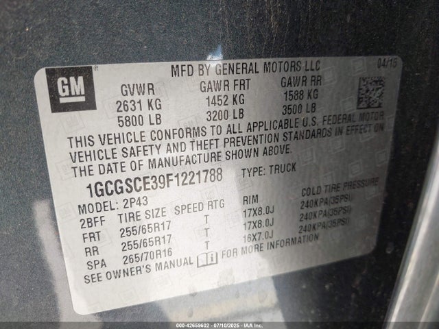 1GCGSCE39F1221788 Chevrolet lfx - sidi, vvt, e85 max, alum