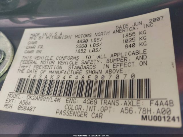 2008 MITSUBISHI ECLIPSE 4A3AK24F48E007070 Photo 8