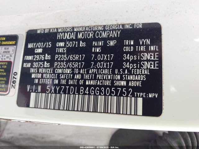 5XYZTDLB4GG305752 Hyundai gdi theta ii