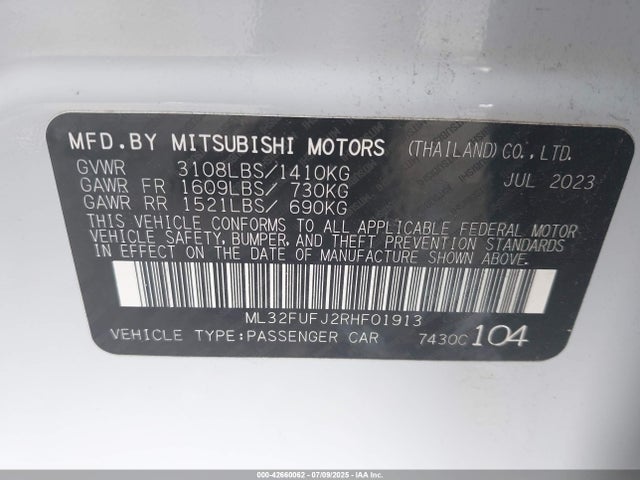 2024 Mitsubishi Mirage G4 Es მანქანა იყიდება აუქციონზე, vin: ML32FUFJ2RHF01913, აუქციონის ნომერი: 42660062