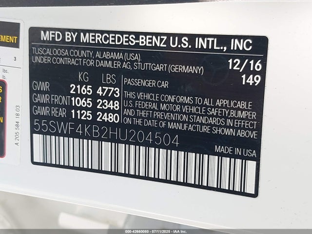 55SWF4KB2HU204504 Mercedes-Benz 2017