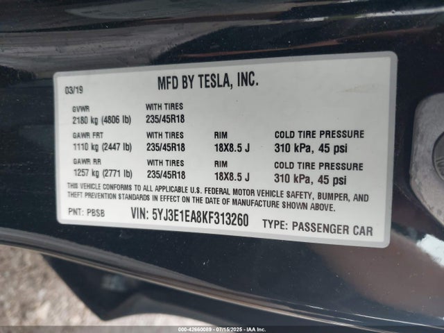 5YJ3E1EA8KF313260 Tesla MODEL 3