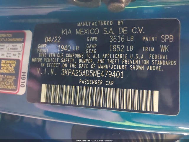 3KPA25AD5NE479401 KIA mpi gamma ii