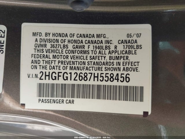 2007 Honda Civic Lx მანქანა იყიდება აუქციონზე, vin: 2HGFG12687H558456, აუქციონის ნომერი: 42660179