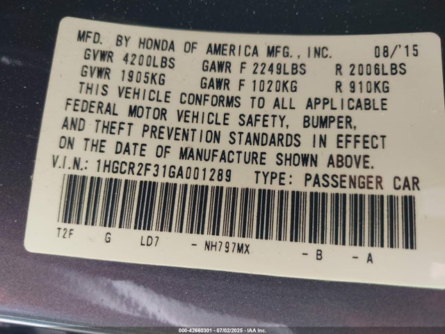 1HGCR2F31GA001289 Honda k24w1