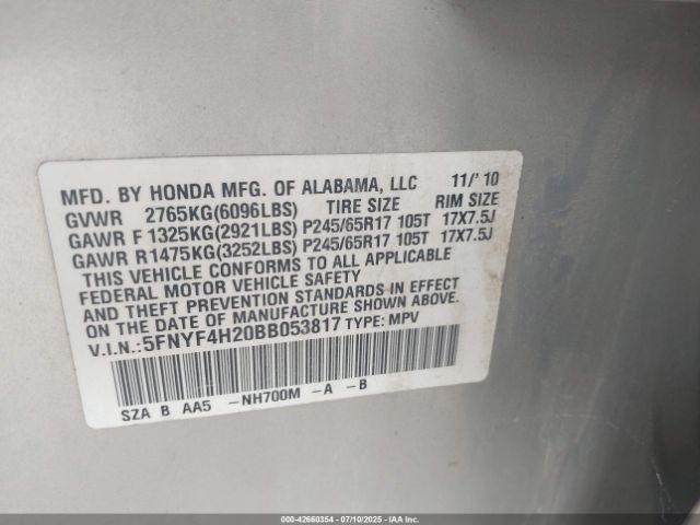 2011 HONDA PILOT 5FNYF4H20BB053817 Photo 8