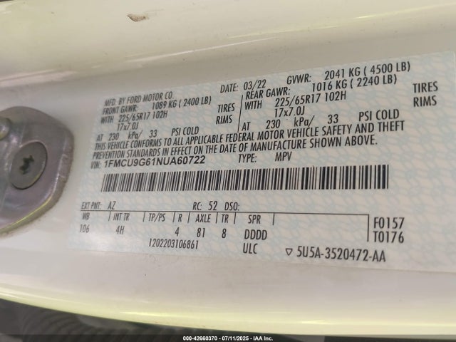 1FMCU9G61NUA60722 Ford dragon di tc