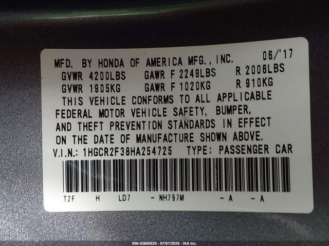 1HGCR2F38HA254725 Honda k24w1