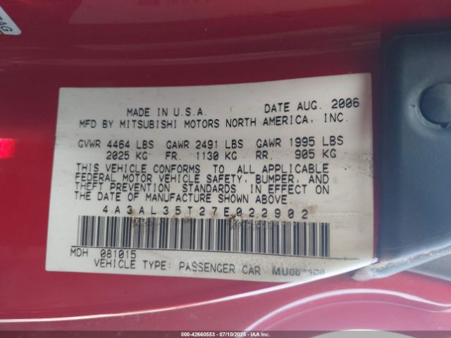 2007 MITSUBISHI ECLIPSE SPYDER 4A3AL35T27E022902 Photo 8