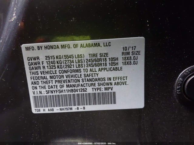 5FNYF5H11HB041262 Honda j35y6
