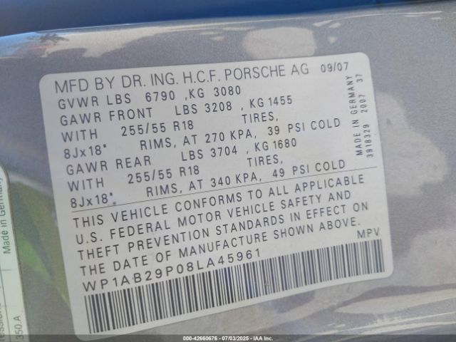 2008 PORSCHE CAYENNE WP1AB29P08LA45961 Photo 8