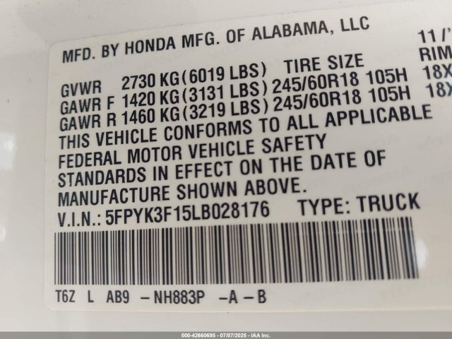 Honda j35y6 2020 5FPYK3F15LB028176 Image 9