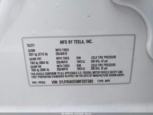 2021 TESLA MODEL Y 5YJYGAEE5MF297380 Photo 8