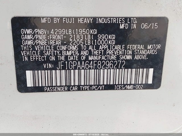 Subaru 2.0l na 2015 JF1GPAA64F8296272 Image 9