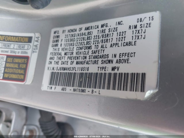 Honda k24w9 2015 5J6RM4H53FL118516 Image 9