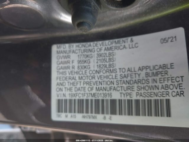 2021 HONDA CIVIC 19XFC1F37ME013916 Photo 8