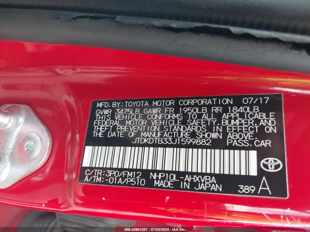 JTDKDTB33J1599882 Toyota 1nz-fxe+1lm