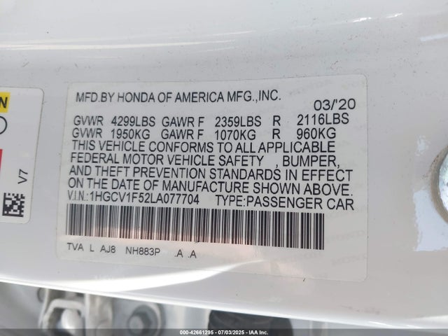 1HGCV1F52LA077704 Honda l15be