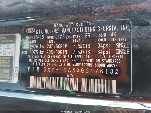 5XYPHDA5XGG176132 KIA dohc gdi lambda ii