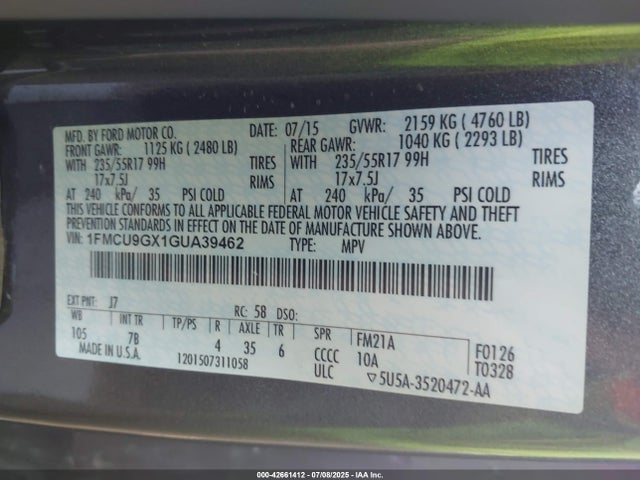1FMCU9GX1GUA39462 Ford 2016