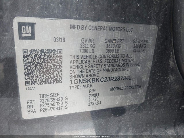 1GNSKBKC2JR287349 Chevrolet l83 - spark ignited direct injection, variable valve timing, afm, e85 max, alum