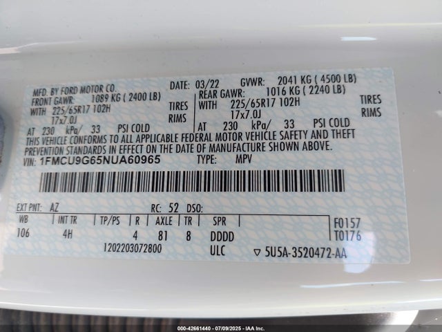 1FMCU9G65NUA60965 Ford ESCAPE SE