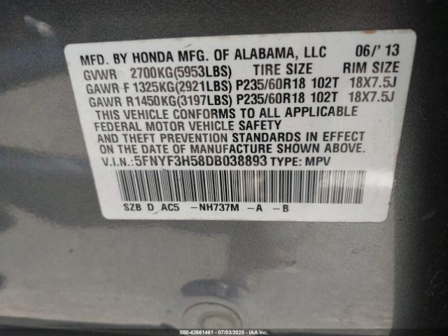 2013 HONDA PILOT 5FNYF3H58DB038893 Photo 8