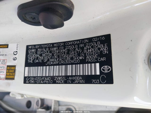 JTDKARFU9G3009020 Toyota 2zr-fxe,1nm
