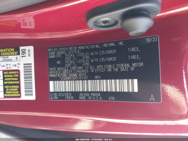 5TDDRKEC6RS181167 Toyota a25a-fxs