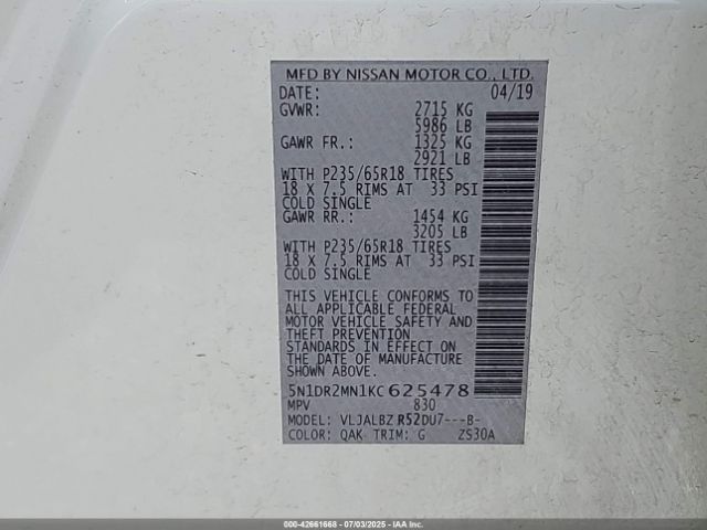 2019 NISSAN PATHFINDER 5N1DR2MN1KC625478 Photo 8