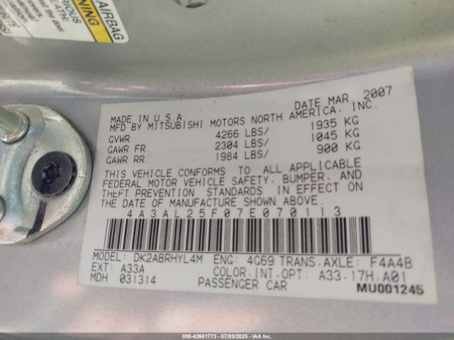 2007 MITSUBISHI ECLIPSE SPYDER 4A3AL25F07E070113 Photo 8