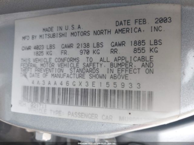2003 MITSUBISHI GALANT 4A3AA46GX3E155933 Photo 8